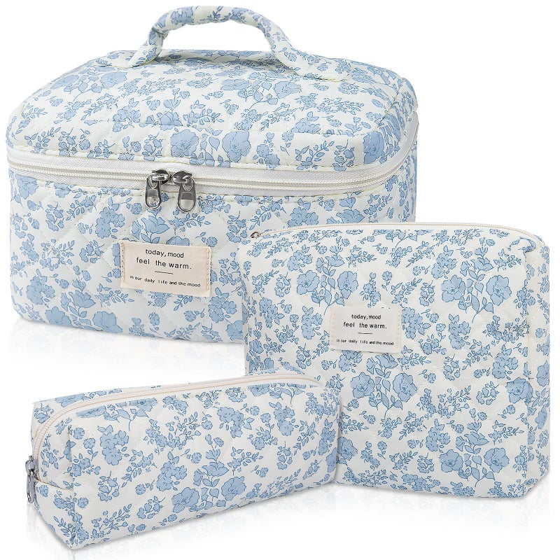 Gosect Makeup Bag Set  Quilted Makeup Bag  Large Floral Cosmetic Bag for Women  Cute Cotton Makeup Bags  Flower Travel Toiletry Organizer Bag - Image 1